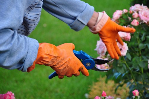 Worker wearing PPE operating garden machinery safely